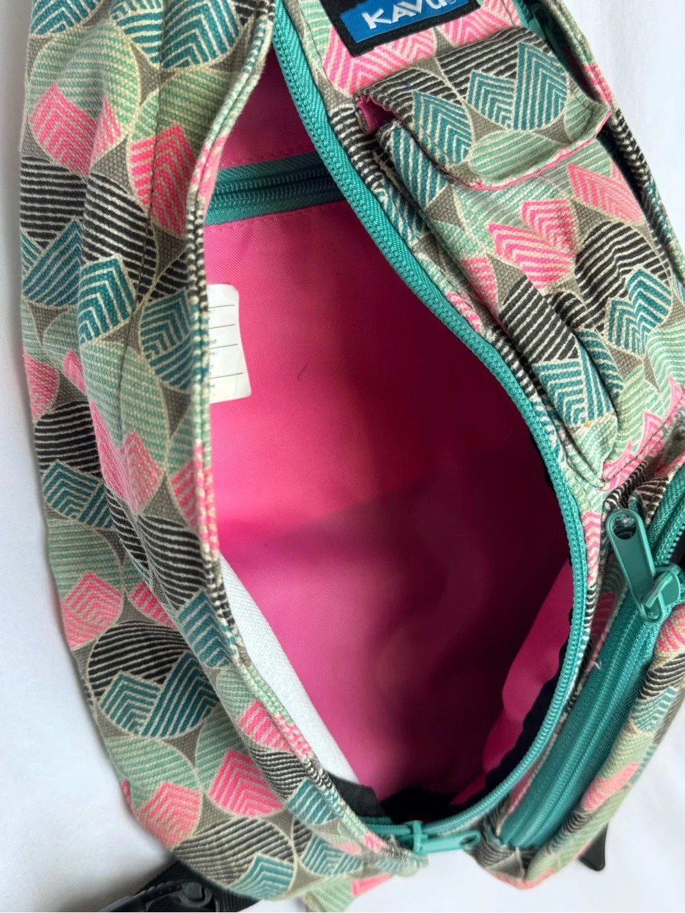 Kavu Pink Teal and Black Geometric Rope Sling Backpack - Picture 6 of 6